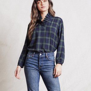 Trovata Birds of Paradis Erica Pleated Collar Blouse in Blackwatch Plaid sz XS